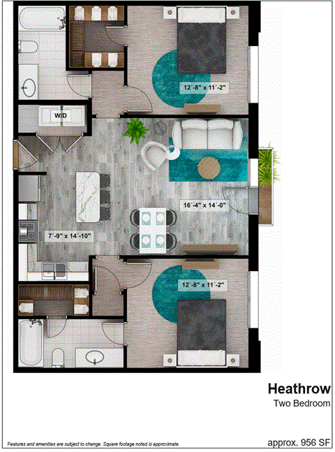 a floor plan of a two bedroom apartment with a bathroom and a terrace